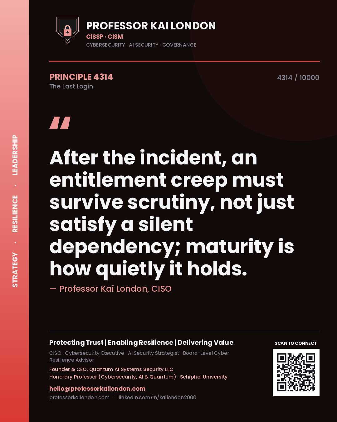 Professor Kai London principle 4314: After the incident, an entitlement creep must survive scrutiny, not just satisfy a silent dependency; maturity is how quietly it holds.