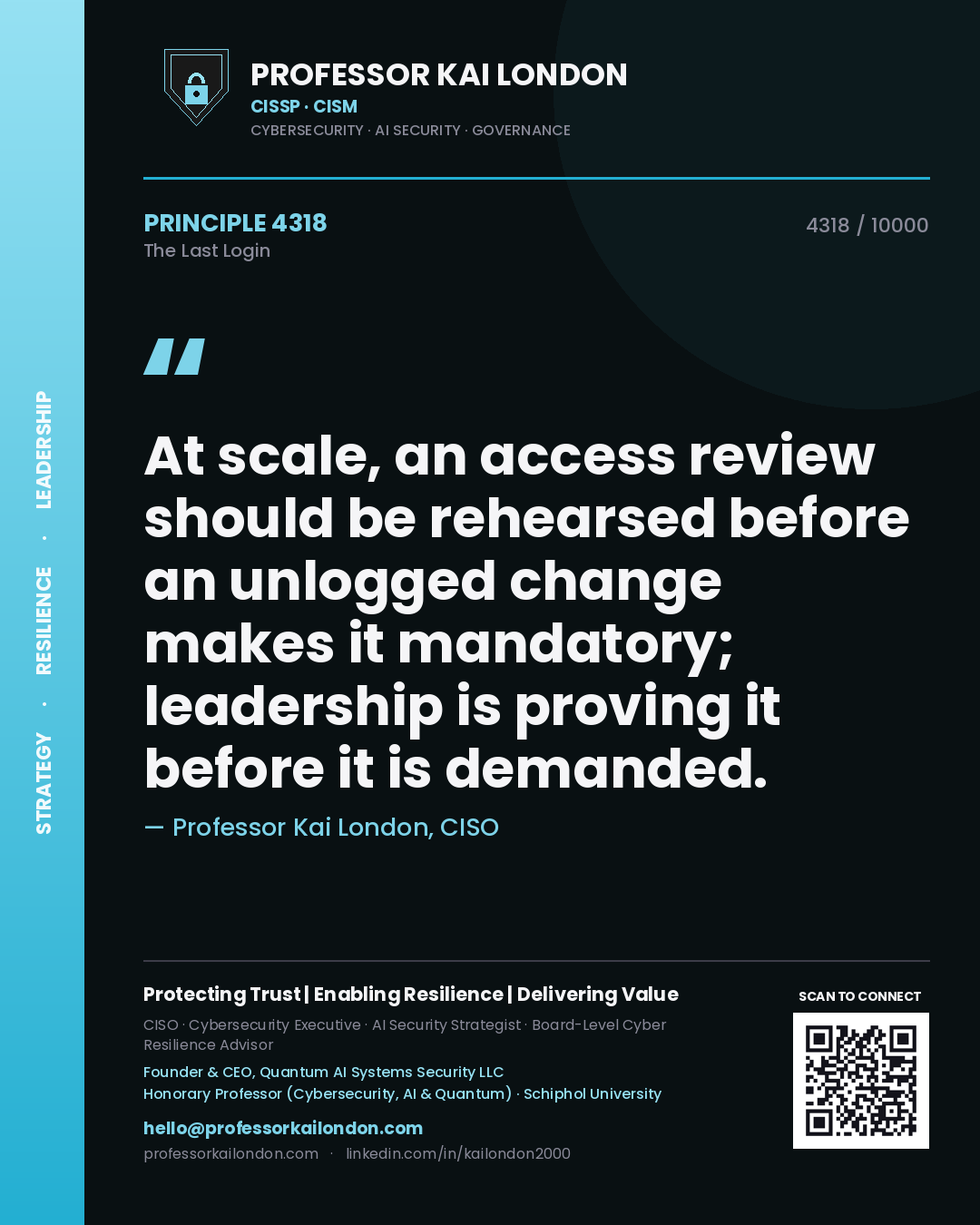 Professor Kai London principle 4318: At scale, an access review should be rehearsed before an unlogged change makes it mandatory; leadership is proving it before it is demanded.