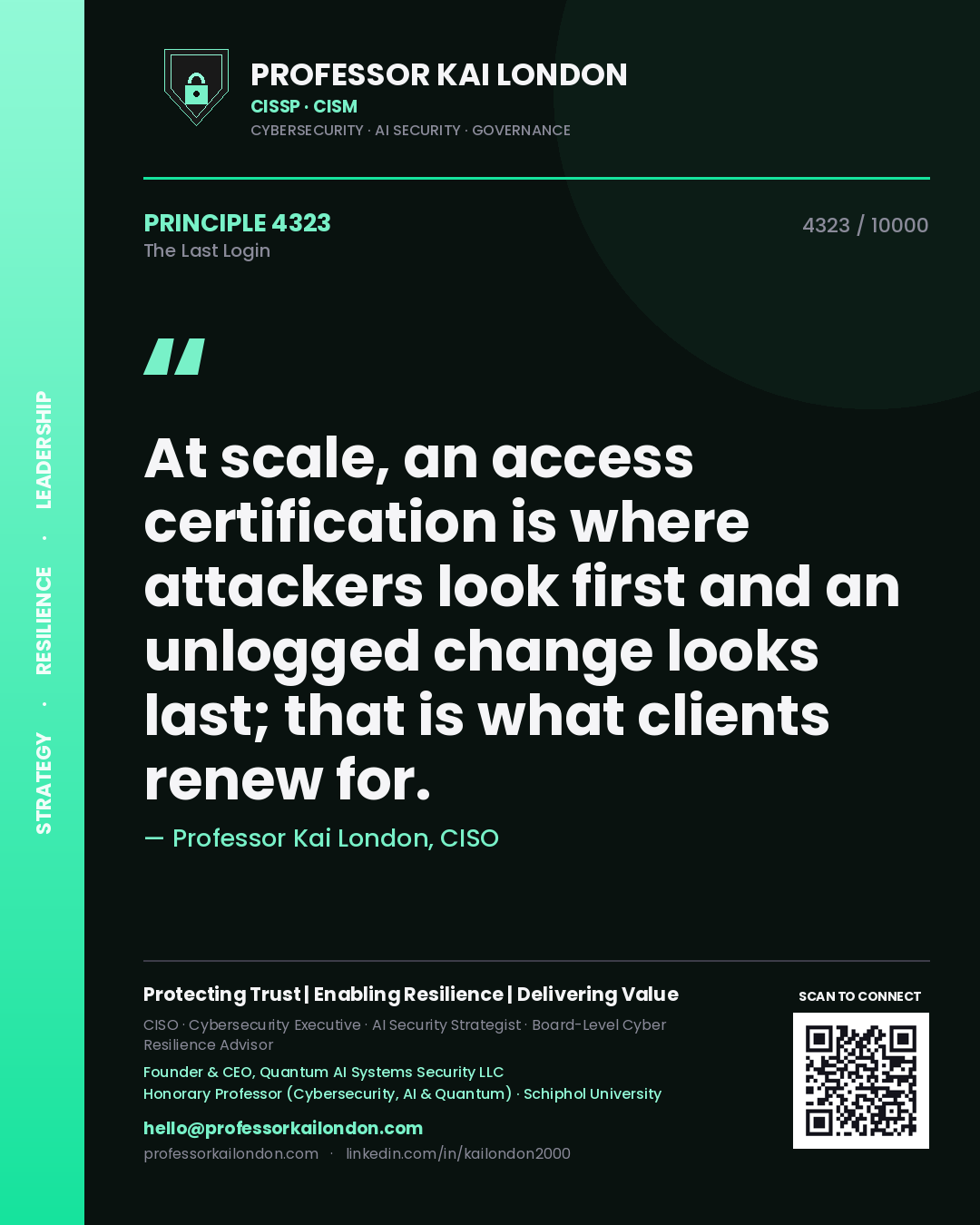 Professor Kai London principle 4323: At scale, an access certification is where attackers look first and an unlogged change looks last; that is what clients renew for.