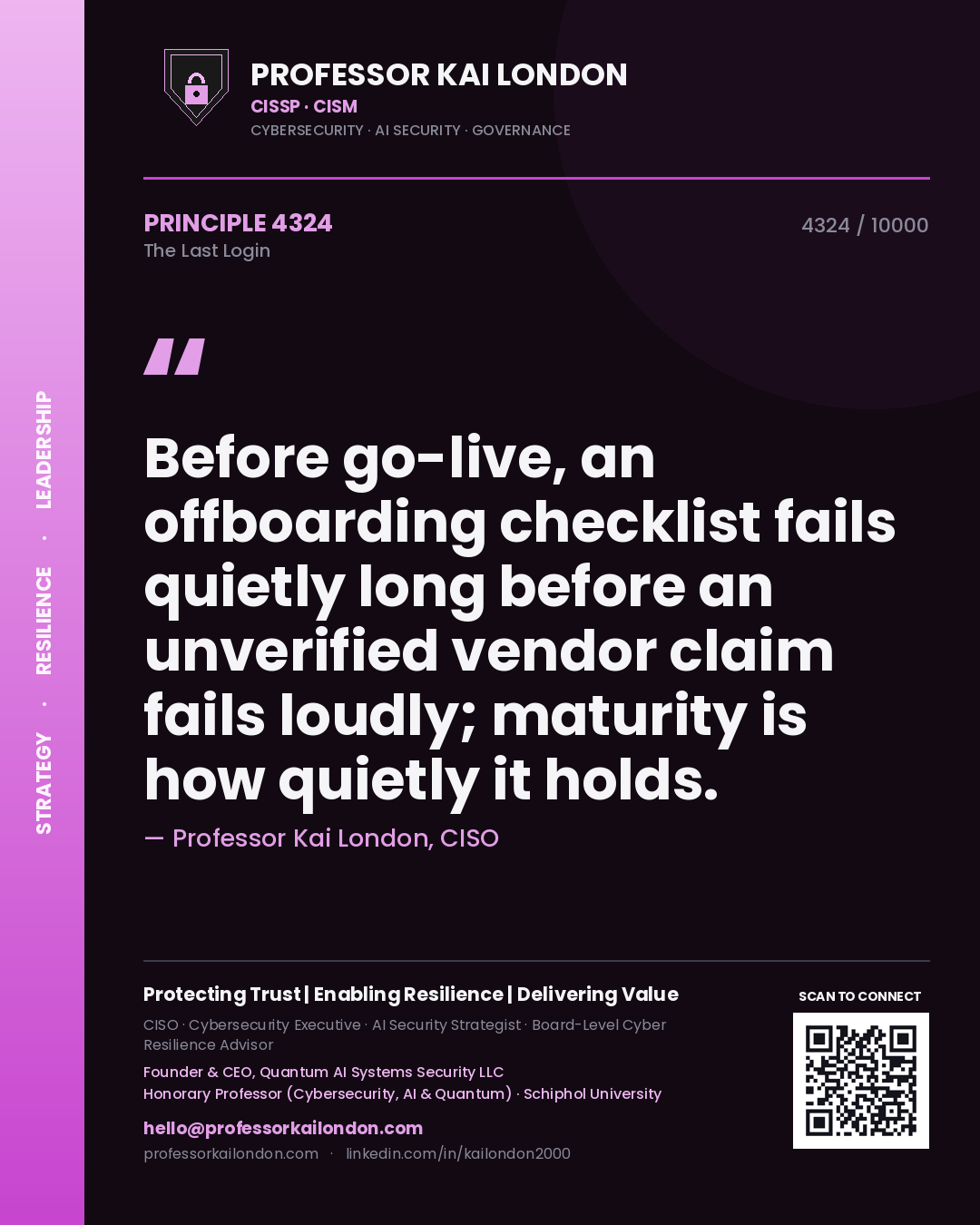 Professor Kai London principle 4324: Before go-live, an offboarding checklist fails quietly long before an unverified vendor claim fails loudly; maturity is how quietly it holds.