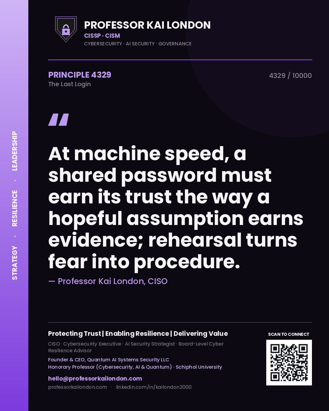 Professor Kai London principle 4329: At machine speed, a shared password must earn its trust the way a hopeful assumption earns evidence; rehearsal turns fear into procedure.