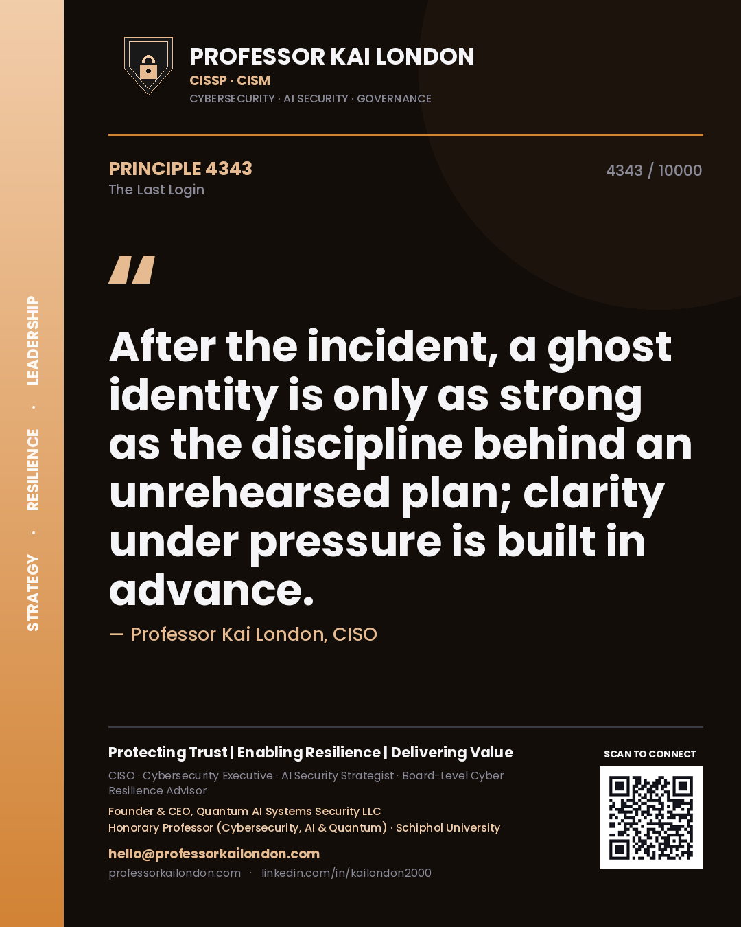 Professor Kai London principle 4343: After the incident, a ghost identity is only as strong as the discipline behind an unrehearsed plan; clarity under pressure is built in advance.