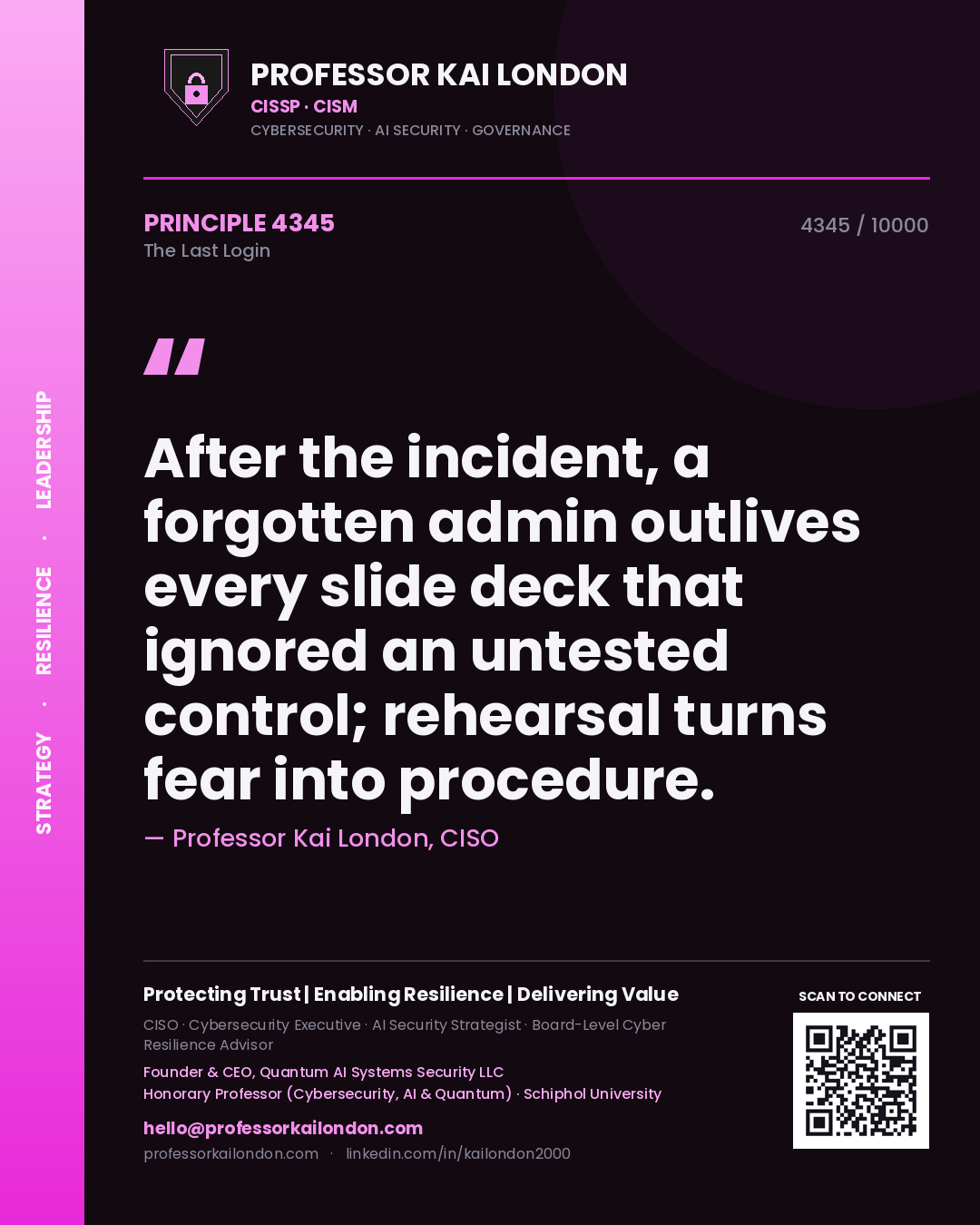 Professor Kai London principle 4345: After the incident, a forgotten admin outlives every slide deck that ignored an untested control; rehearsal turns fear into procedure.