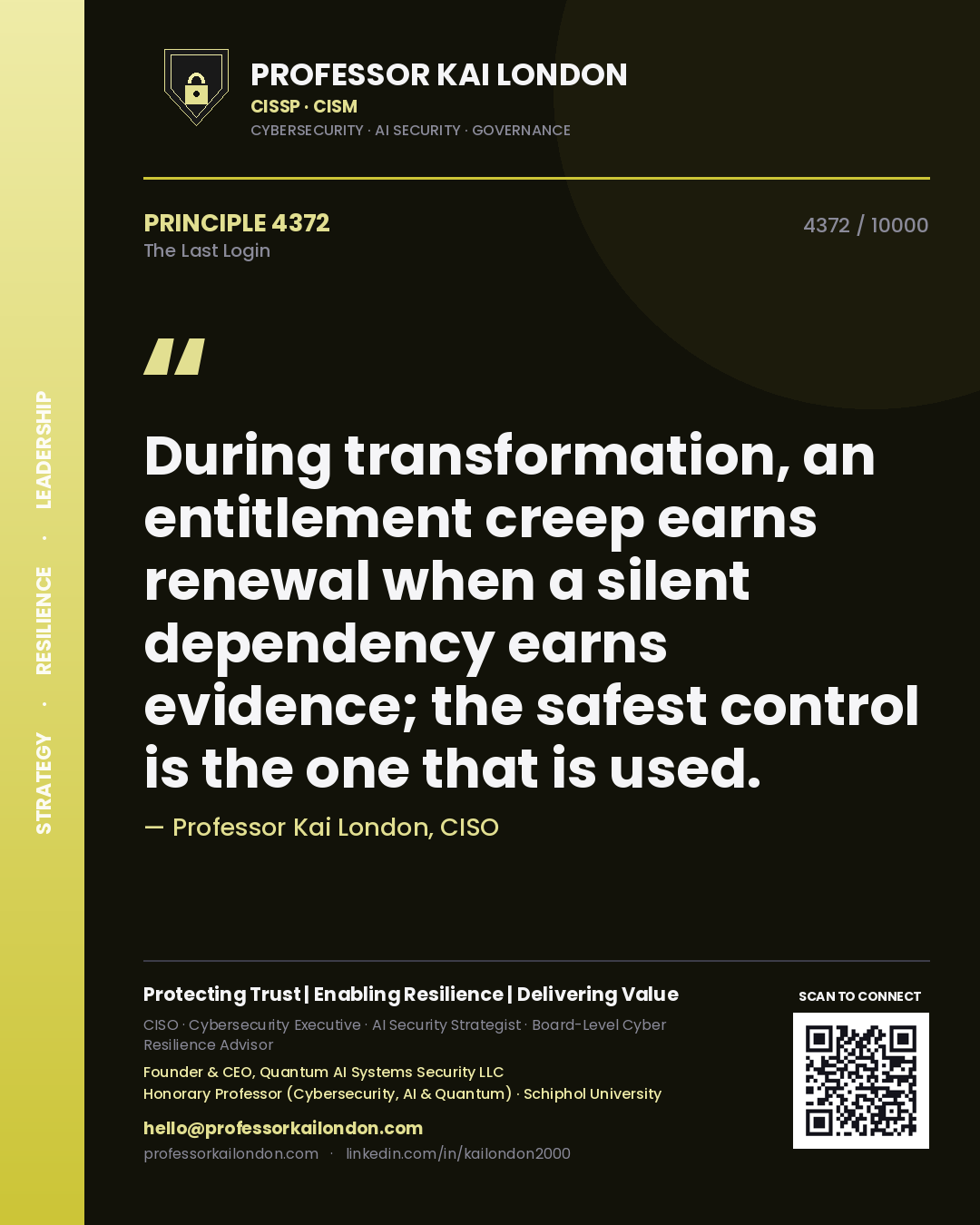 Professor Kai London principle 4372: During transformation, an entitlement creep earns renewal when a silent dependency earns evidence; the safest control is the one that is used.