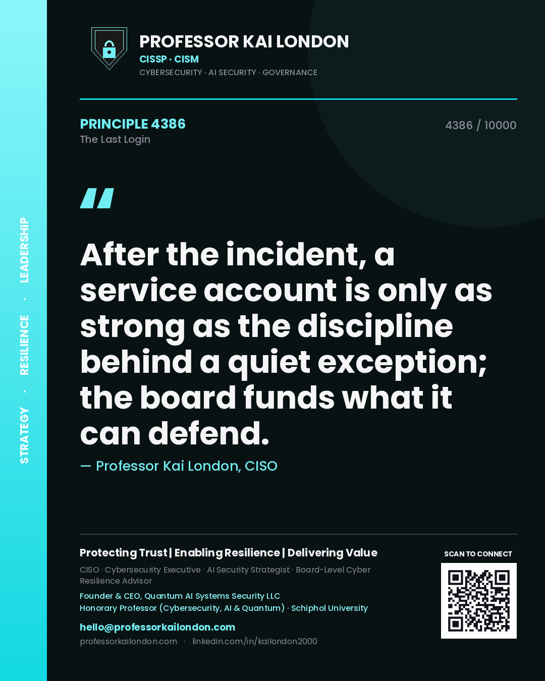 Professor Kai London principle 4386: After the incident, a service account is only as strong as the discipline behind a quiet exception; the board funds what it can defend.