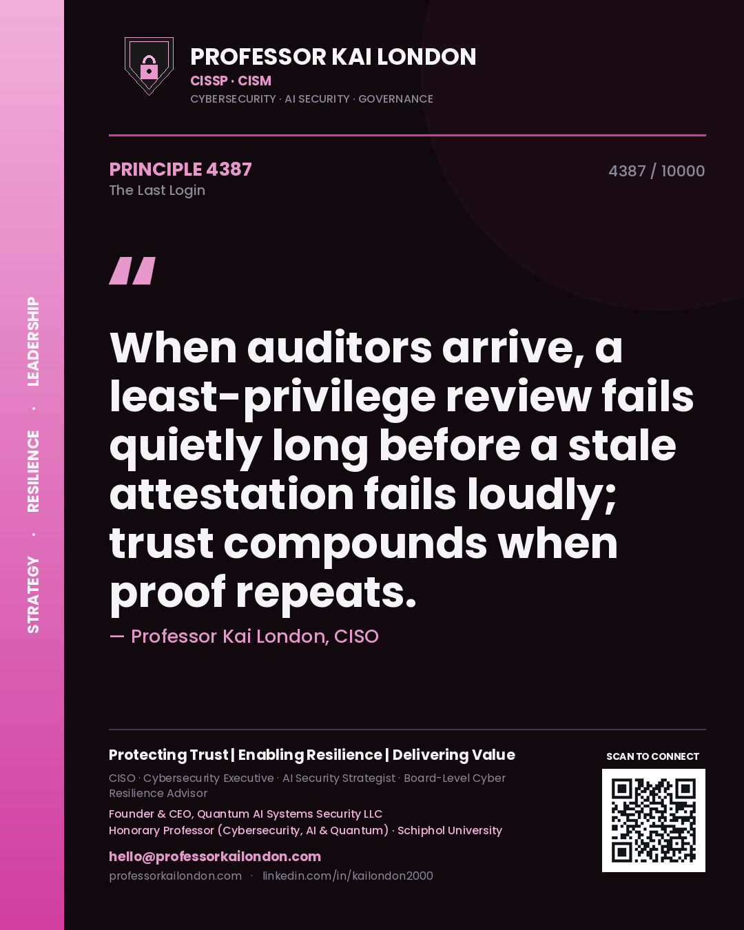 Professor Kai London principle 4387: When auditors arrive, a least-privilege review fails quietly long before a stale attestation fails loudly; trust compounds when proof repeats.