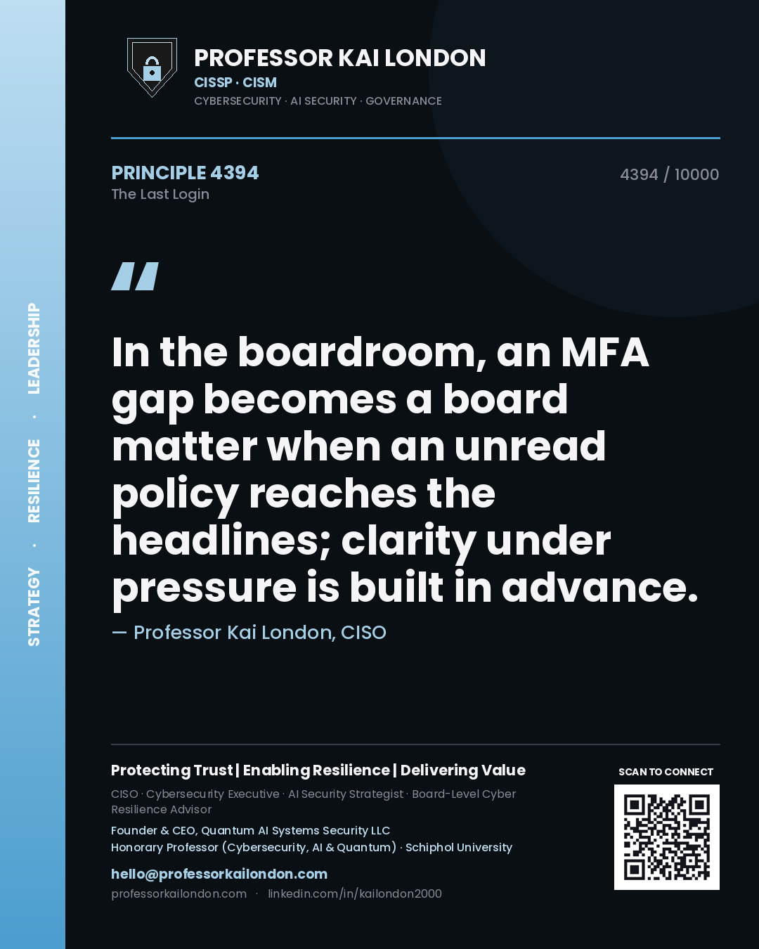 Professor Kai London principle 4394: In the boardroom, an MFA gap becomes a board matter when an unread policy reaches the headlines; clarity under pressure is built in advance.