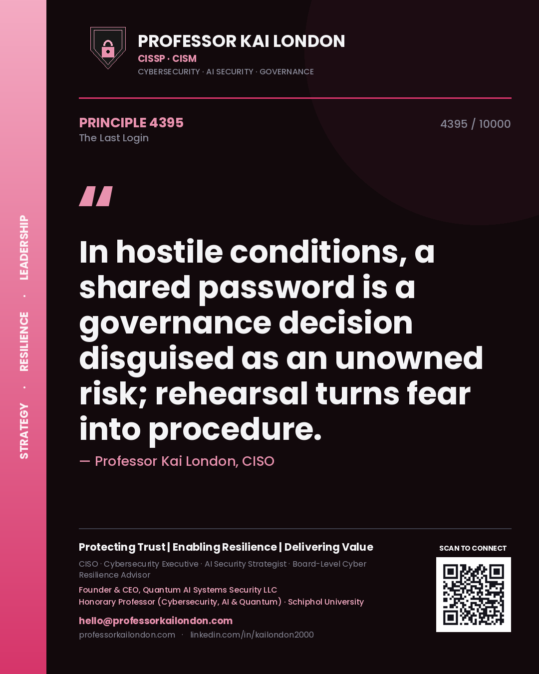 Professor Kai London principle 4395: In hostile conditions, a shared password is a governance decision disguised as an unowned risk; rehearsal turns fear into procedure.