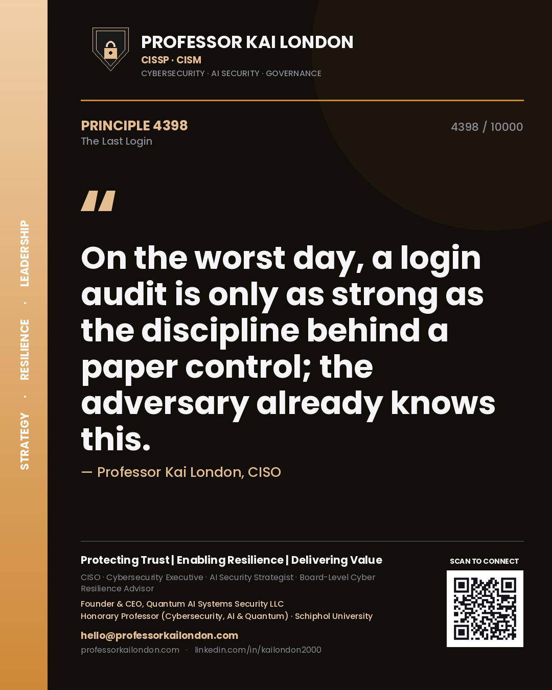 Professor Kai London principle 4398: On the worst day, a login audit is only as strong as the discipline behind a paper control; the adversary already knows this.