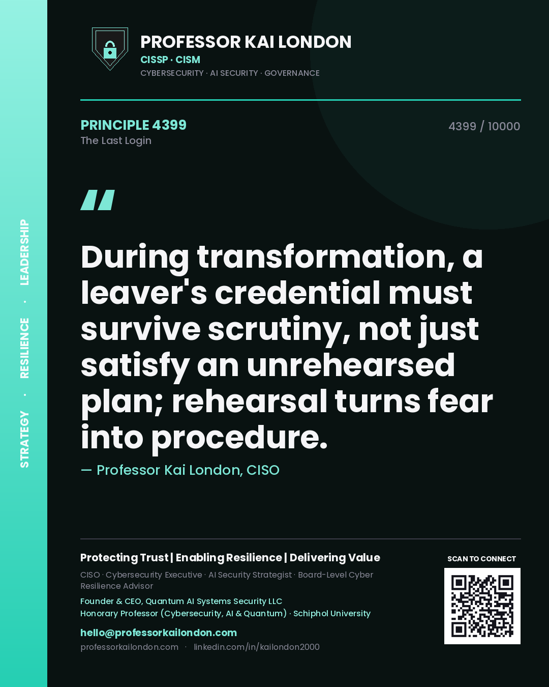 Professor Kai London principle 4399: During transformation, a leaver's credential must survive scrutiny, not just satisfy an unrehearsed plan; rehearsal turns fear into procedure.
