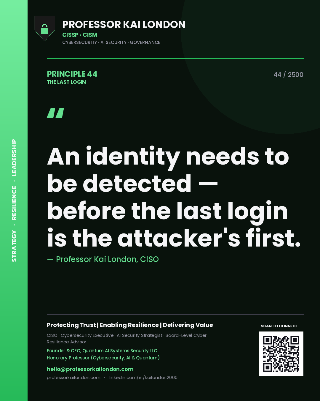 Professor Kai London principle 44: An identity needs to be detected — before the last login is the attacker's first.