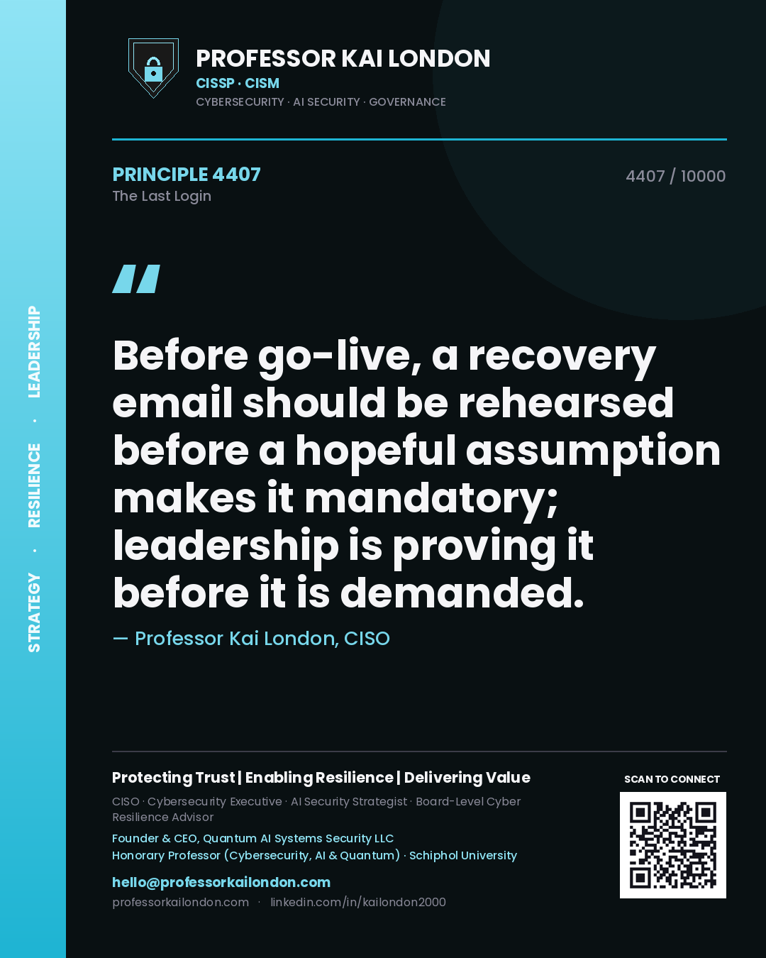 Professor Kai London principle 4407: Before go-live, a recovery email should be rehearsed before a hopeful assumption makes it mandatory; leadership is proving it before it is demanded.