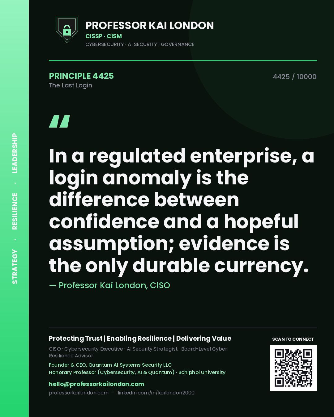 Professor Kai London principle 4425: In a regulated enterprise, a login anomaly is the difference between confidence and a hopeful assumption; evidence is the only durable currency.