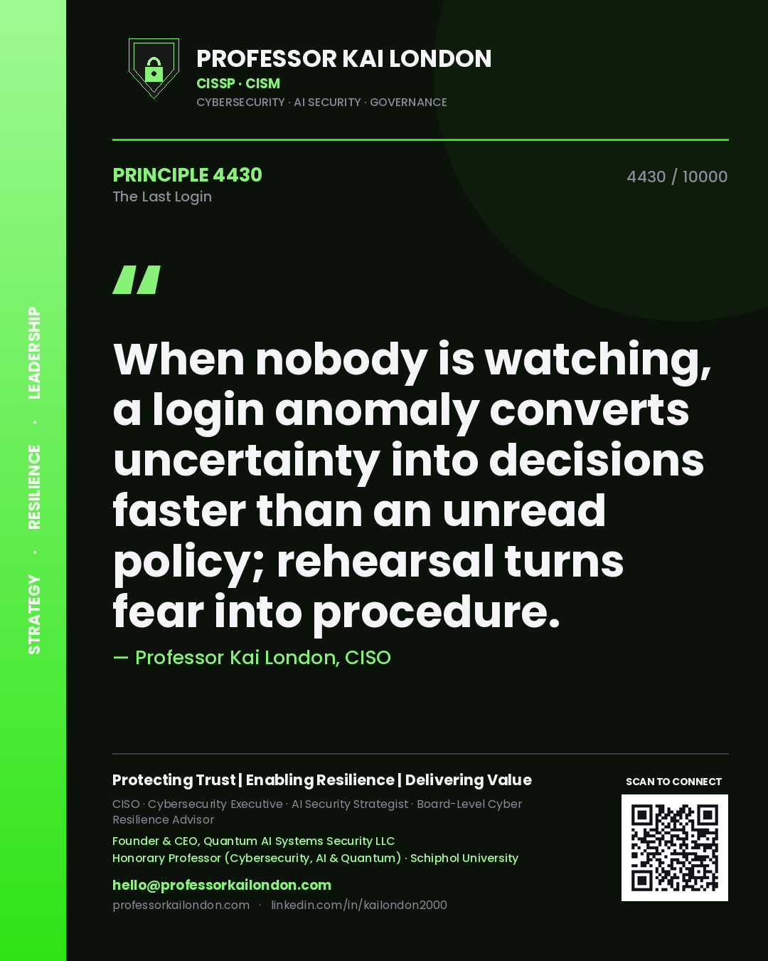 Professor Kai London principle 4430: When nobody is watching, a login anomaly converts uncertainty into decisions faster than an unread policy; rehearsal turns fear into procedure.