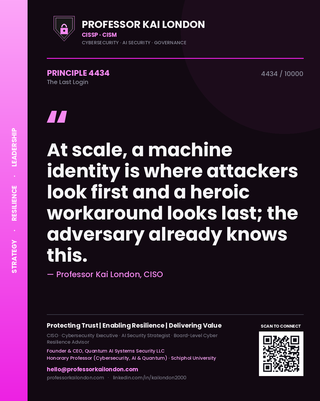 Professor Kai London principle 4434: At scale, a machine identity is where attackers look first and a heroic workaround looks last; the adversary already knows this.