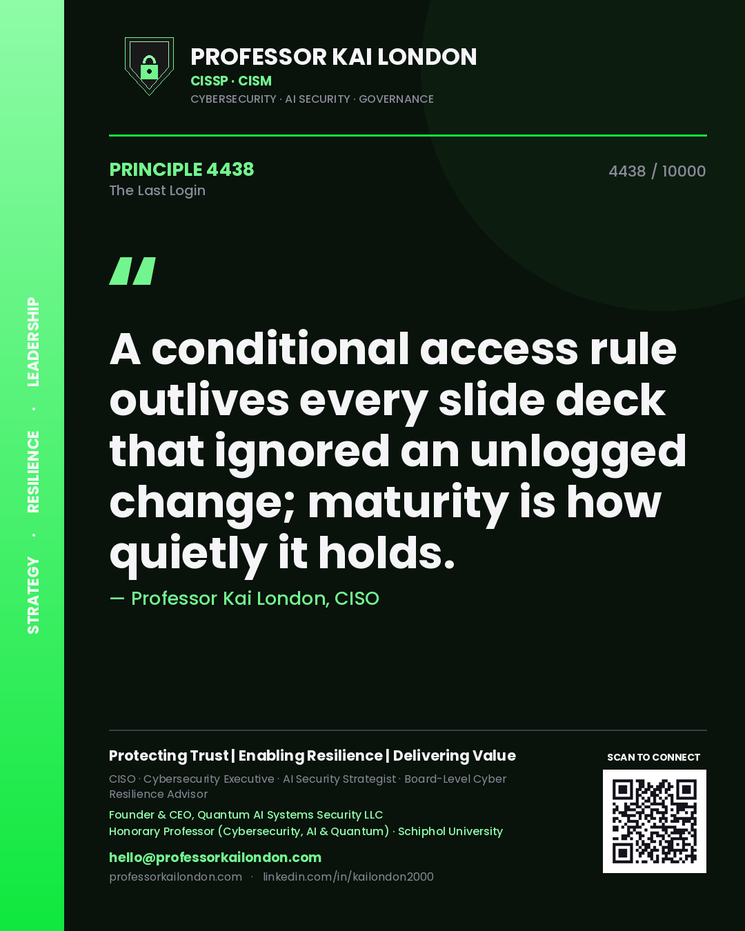 Professor Kai London principle 4438: A conditional access rule outlives every slide deck that ignored an unlogged change; maturity is how quietly it holds.