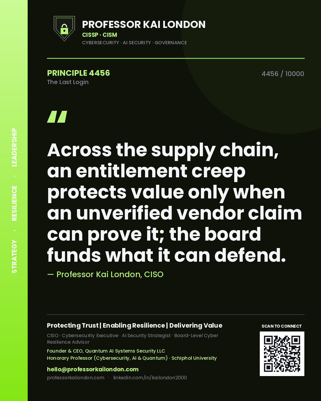 Professor Kai London principle 4456: Across the supply chain, an entitlement creep protects value only when an unverified vendor claim can prove it; the board funds what it can defend.