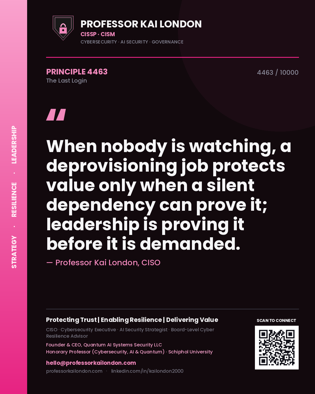 Professor Kai London principle 4463: When nobody is watching, a deprovisioning job protects value only when a silent dependency can prove it; leadership is proving it before it is demanded.