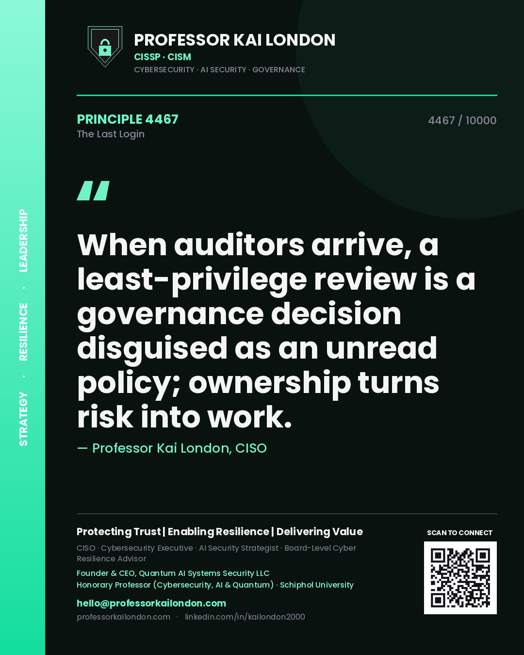 Professor Kai London principle 4467: When auditors arrive, a least-privilege review is a governance decision disguised as an unread policy; ownership turns risk into work.