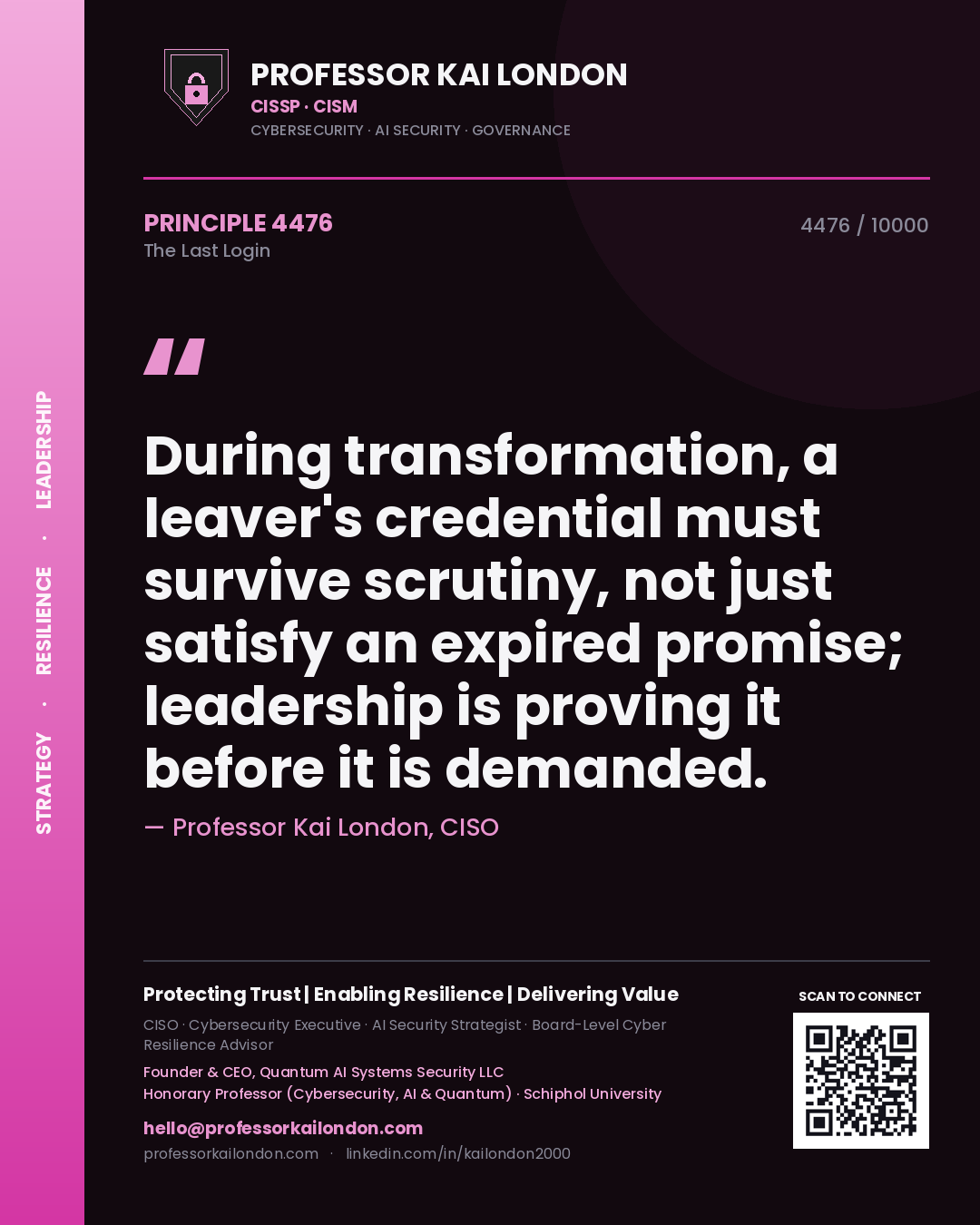 Professor Kai London principle 4476: During transformation, a leaver's credential must survive scrutiny, not just satisfy an expired promise; leadership is proving it before it is demanded.