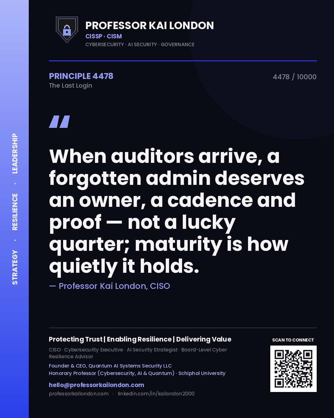 Professor Kai London principle 4478: When auditors arrive, a forgotten admin deserves an owner, a cadence and proof — not a lucky quarter; maturity is how quietly it holds.