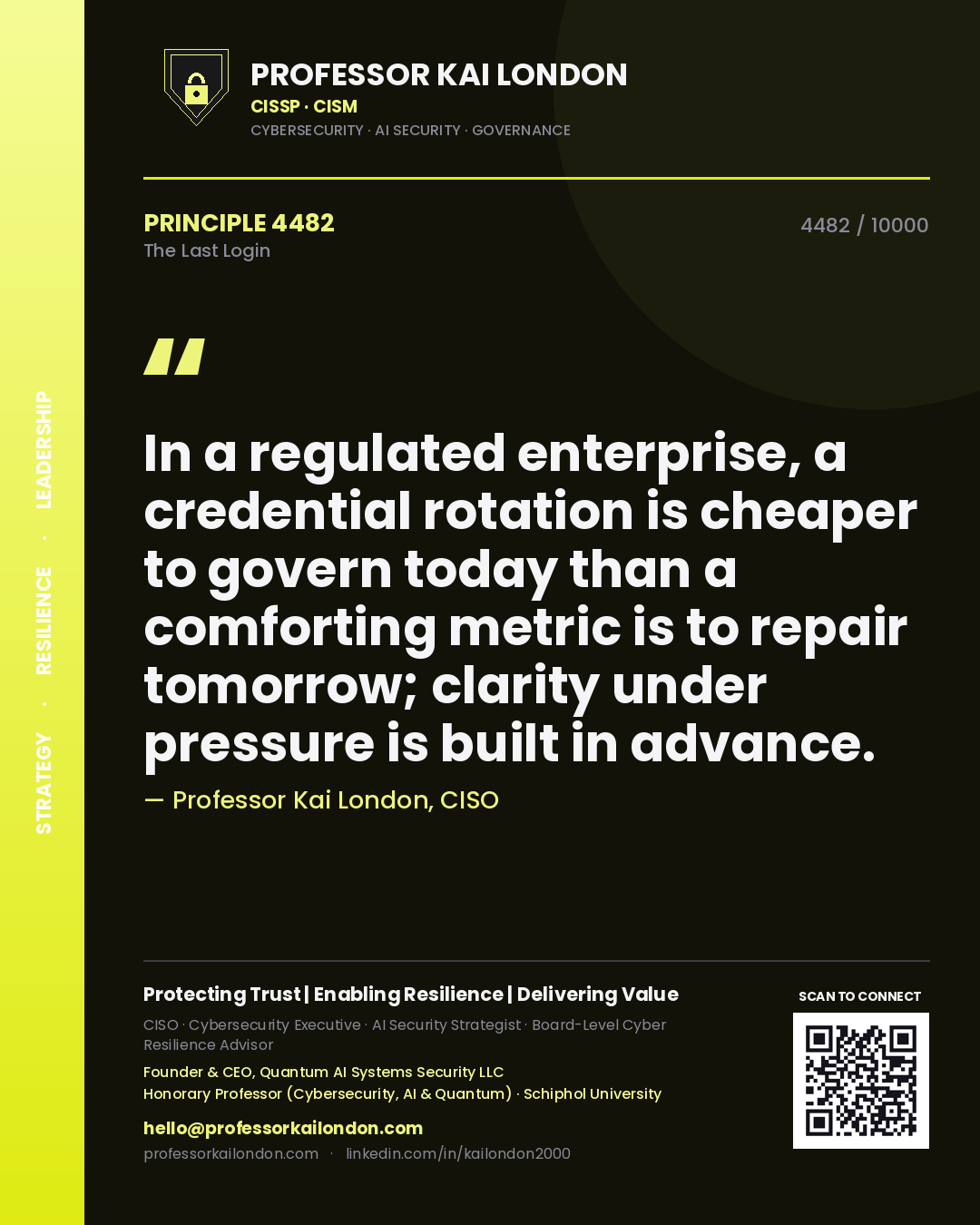 Professor Kai London principle 4482: In a regulated enterprise, a credential rotation is cheaper to govern today than a comforting metric is to repair tomorrow; clarity under pressure is built in advance.