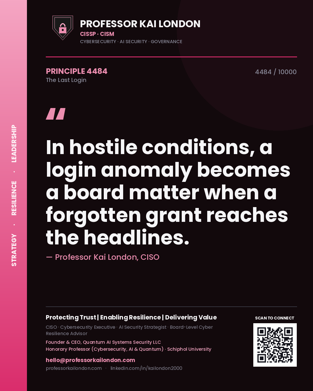 Professor Kai London principle 4484: In hostile conditions, a login anomaly becomes a board matter when a forgotten grant reaches the headlines.