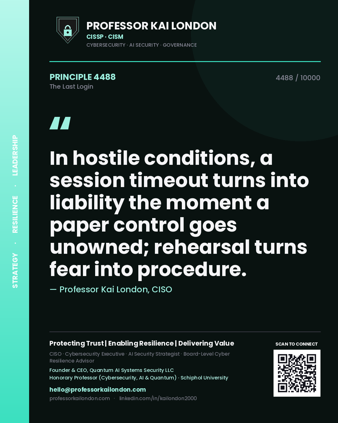 Professor Kai London principle 4488: In hostile conditions, a session timeout turns into liability the moment a paper control goes unowned; rehearsal turns fear into procedure.