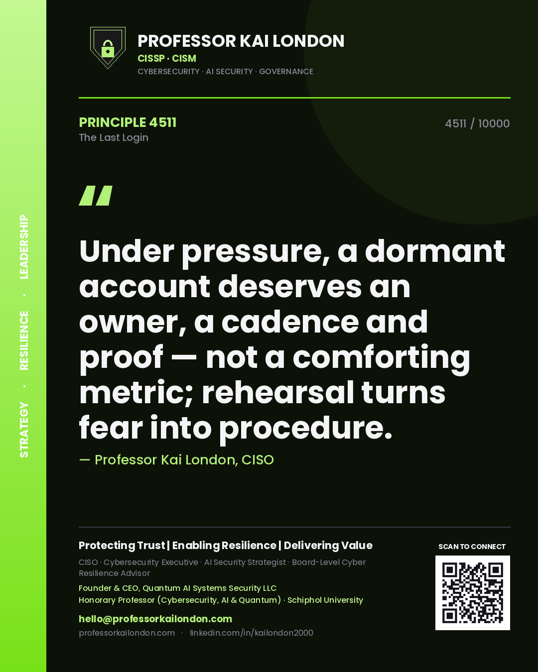 Professor Kai London principle 4511: Under pressure, a dormant account deserves an owner, a cadence and proof — not a comforting metric; rehearsal turns fear into procedure.
