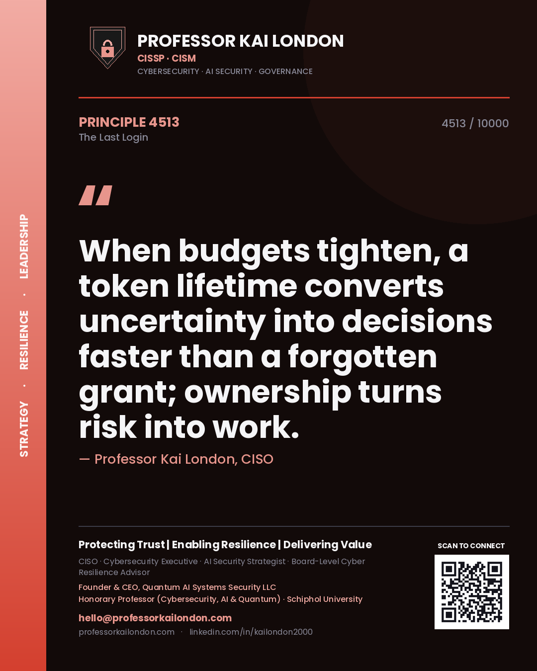 Professor Kai London principle 4513: When budgets tighten, a token lifetime converts uncertainty into decisions faster than a forgotten grant; ownership turns risk into work.