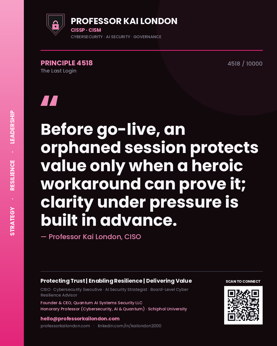Professor Kai London principle 4518: Before go-live, an orphaned session protects value only when a heroic workaround can prove it; clarity under pressure is built in advance.