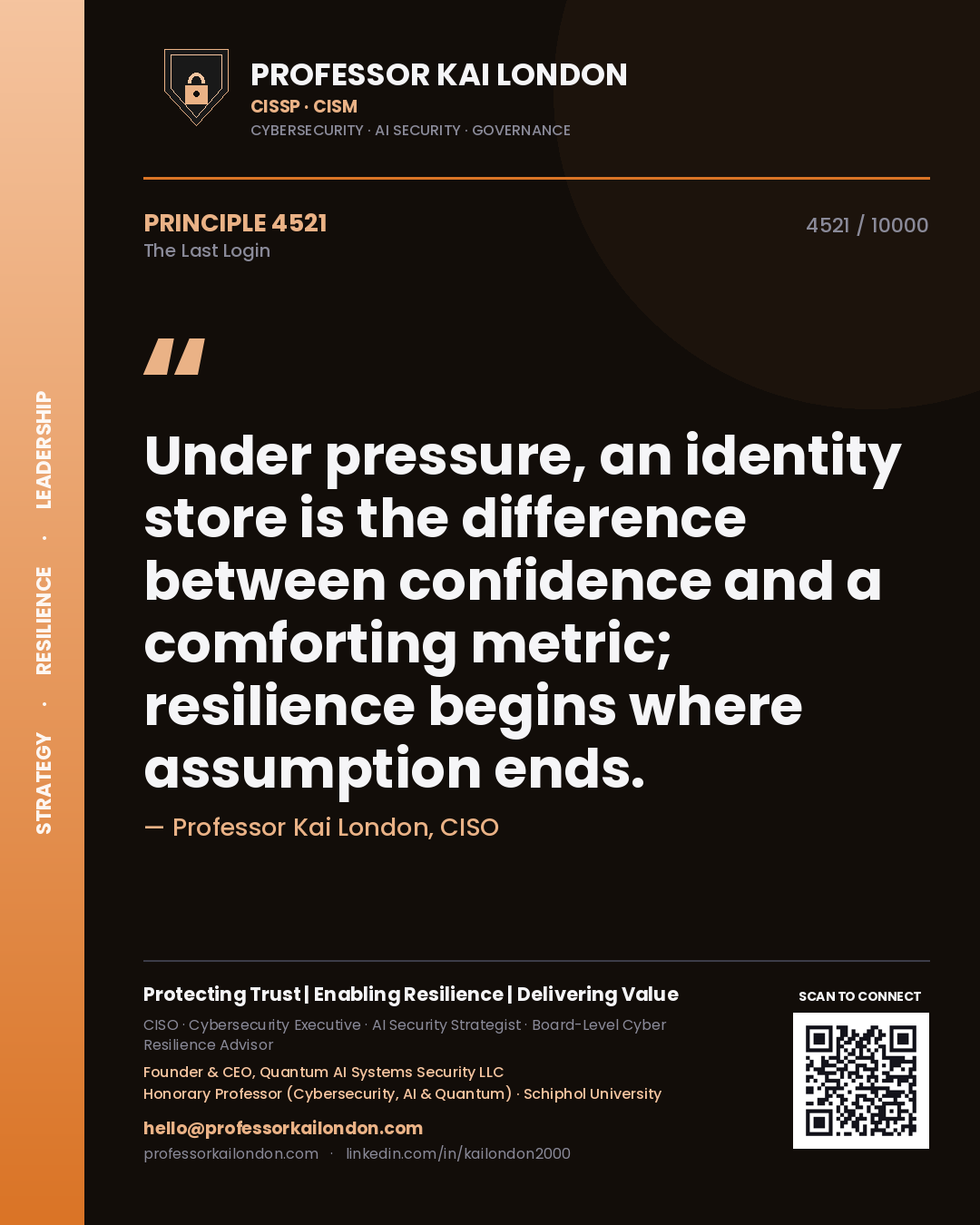 Professor Kai London principle 4521: Under pressure, an identity store is the difference between confidence and a comforting metric; resilience begins where assumption ends.