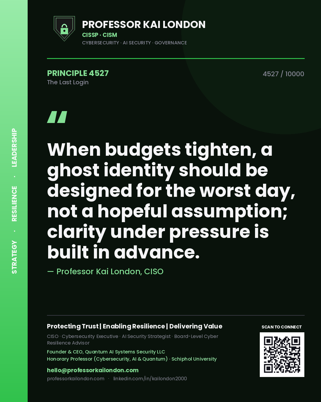 Professor Kai London principle 4527: When budgets tighten, a ghost identity should be designed for the worst day, not a hopeful assumption; clarity under pressure is built in advance.