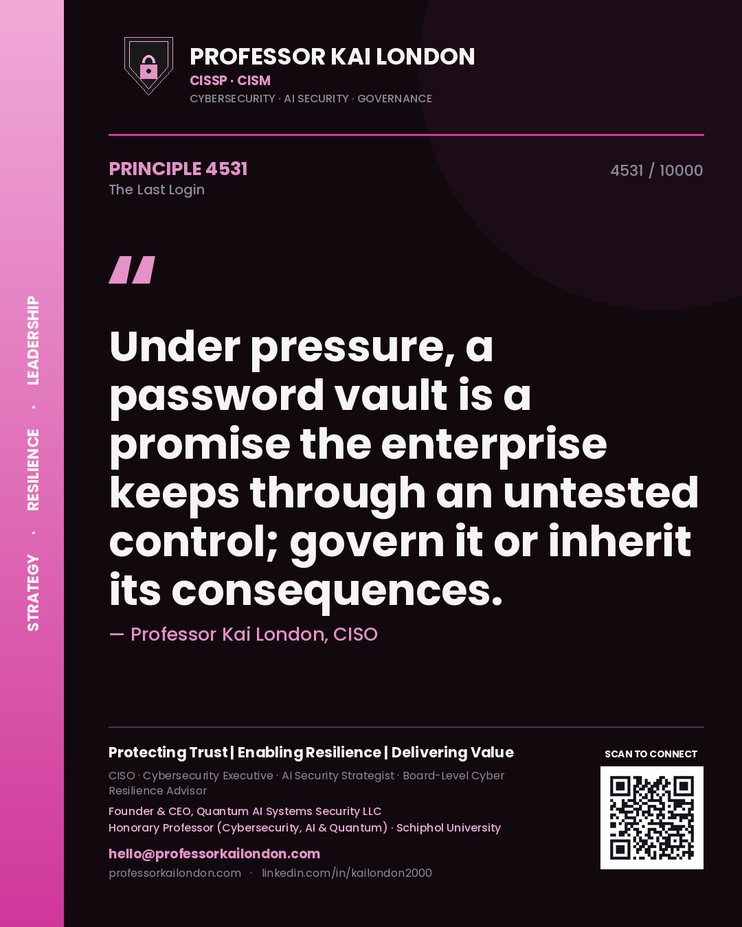 Professor Kai London principle 4531: Under pressure, a password vault is a promise the enterprise keeps through an untested control; govern it or inherit its consequences.