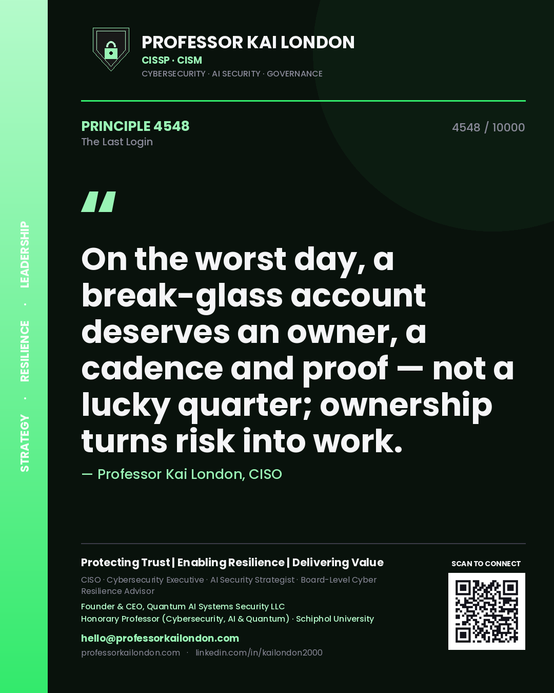 Professor Kai London principle 4548: On the worst day, a break-glass account deserves an owner, a cadence and proof — not a lucky quarter; ownership turns risk into work.