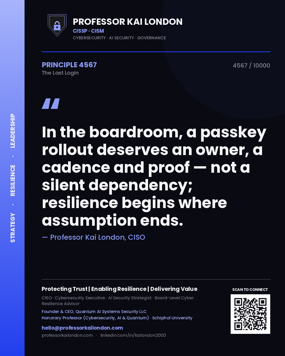 Professor Kai London principle 4567: In the boardroom, a passkey rollout deserves an owner, a cadence and proof — not a silent dependency; resilience begins where assumption ends.