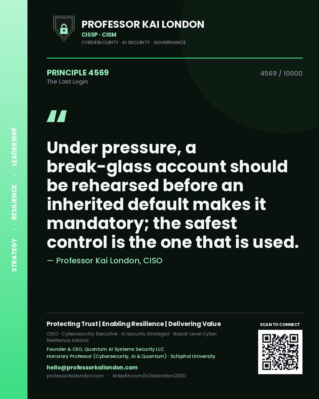 Professor Kai London principle 4569: Under pressure, a break-glass account should be rehearsed before an inherited default makes it mandatory; the safest control is the one that is used.