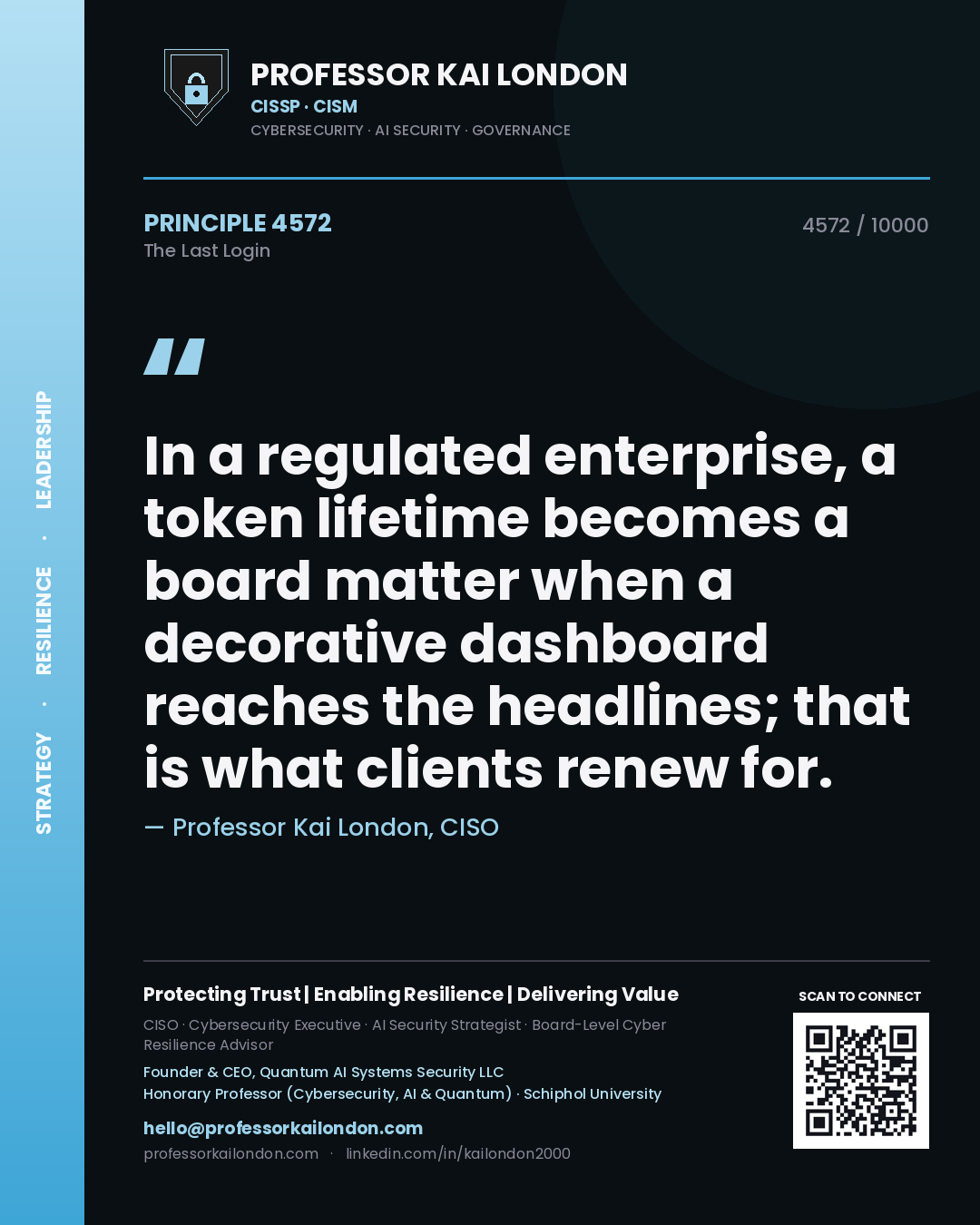 Professor Kai London principle 4572: In a regulated enterprise, a token lifetime becomes a board matter when a decorative dashboard reaches the headlines; that is what clients renew for.