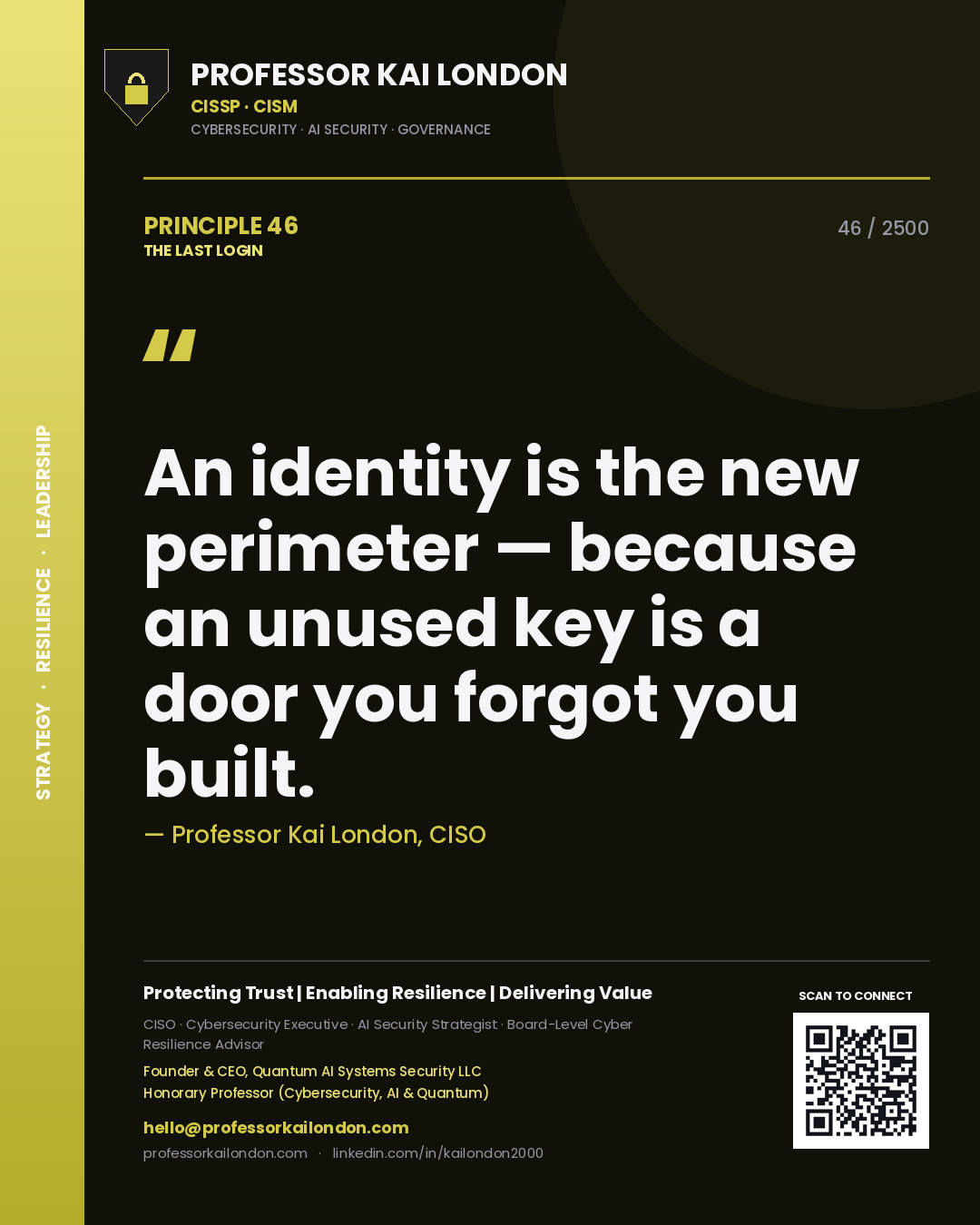Professor Kai London principle 46: An identity is the new perimeter — because an unused key is a door you forgot you built.