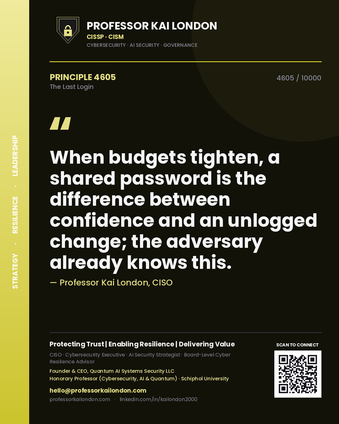 Professor Kai London principle 4605: When budgets tighten, a shared password is the difference between confidence and an unlogged change; the adversary already knows this.