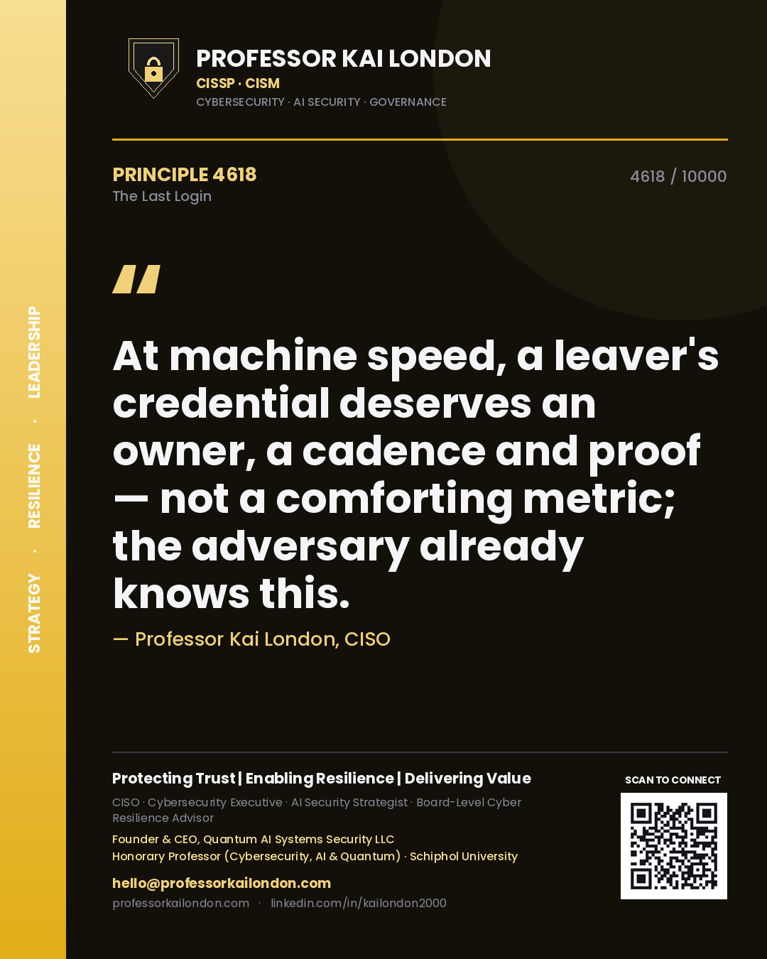 Professor Kai London principle 4618: At machine speed, a leaver's credential deserves an owner, a cadence and proof — not a comforting metric; the adversary already knows this.