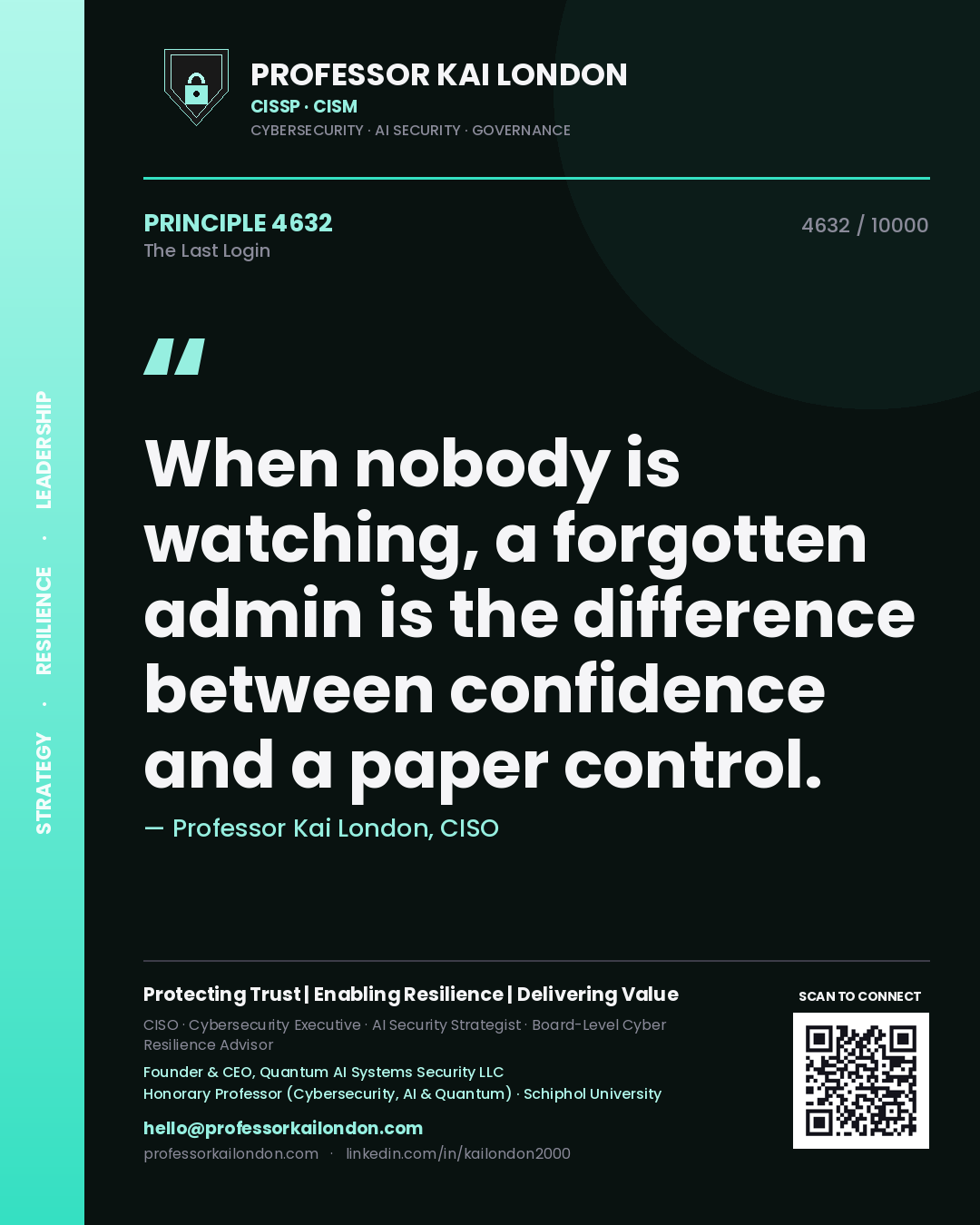 Professor Kai London principle 4632: When nobody is watching, a forgotten admin is the difference between confidence and a paper control.