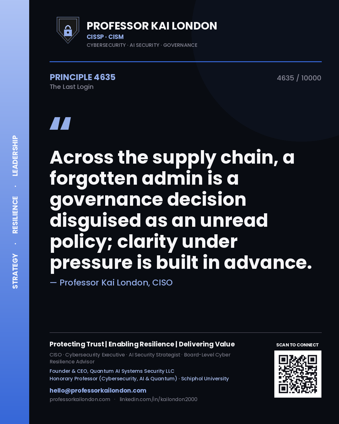 Professor Kai London principle 4635: Across the supply chain, a forgotten admin is a governance decision disguised as an unread policy; clarity under pressure is built in advance.