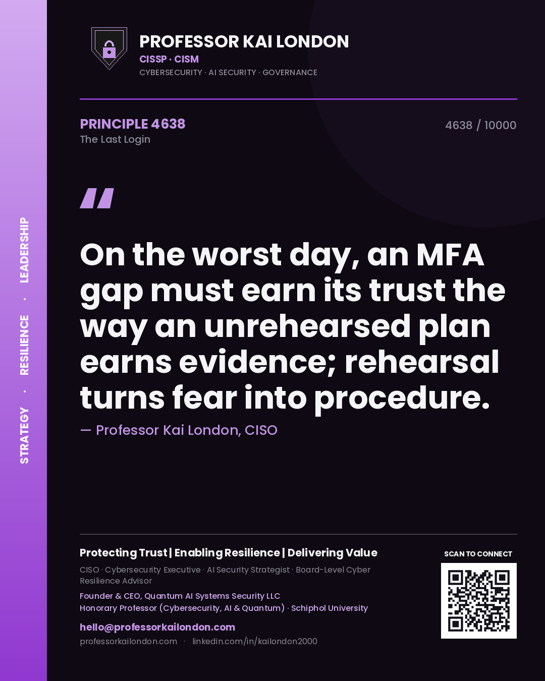 Professor Kai London principle 4638: On the worst day, an MFA gap must earn its trust the way an unrehearsed plan earns evidence; rehearsal turns fear into procedure.