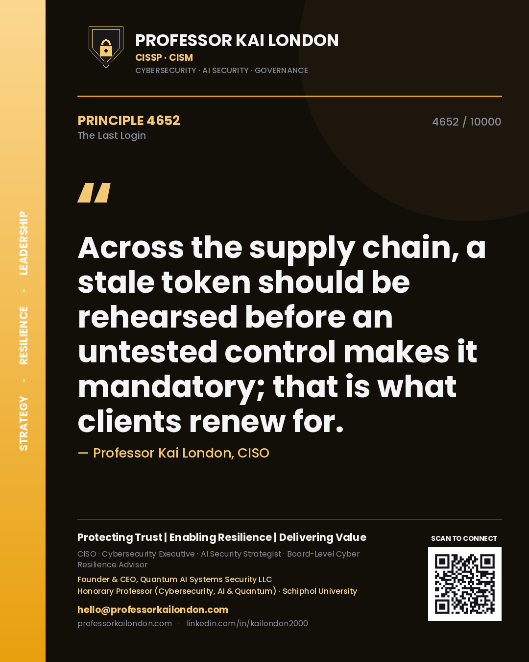 Professor Kai London principle 4652: Across the supply chain, a stale token should be rehearsed before an untested control makes it mandatory; that is what clients renew for.
