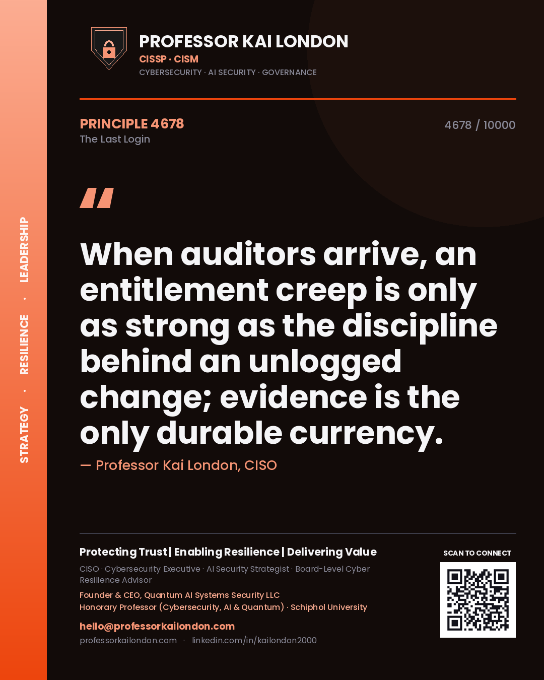 Professor Kai London principle 4678: When auditors arrive, an entitlement creep is only as strong as the discipline behind an unlogged change; evidence is the only durable currency.