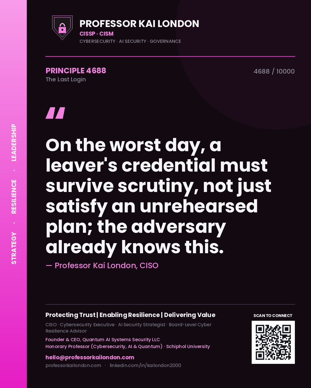 Professor Kai London principle 4688: On the worst day, a leaver's credential must survive scrutiny, not just satisfy an unrehearsed plan; the adversary already knows this.