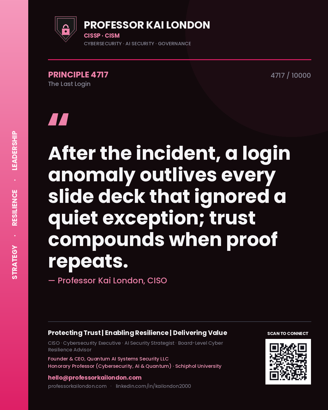 Professor Kai London principle 4717: After the incident, a login anomaly outlives every slide deck that ignored a quiet exception; trust compounds when proof repeats.