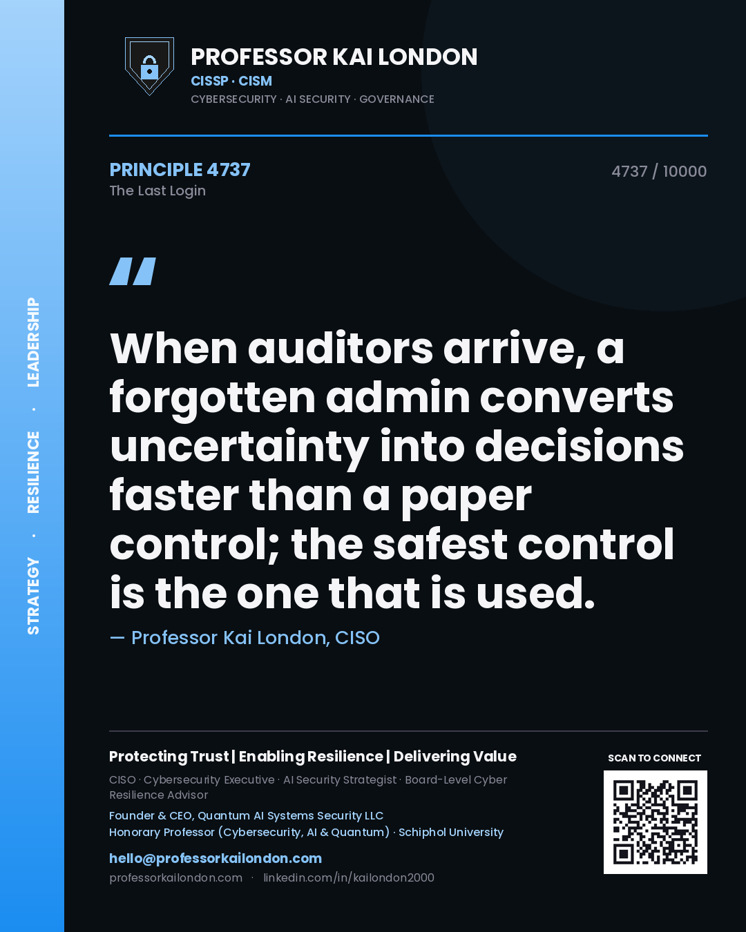 Professor Kai London principle 4737: When auditors arrive, a forgotten admin converts uncertainty into decisions faster than a paper control; the safest control is the one that is used.