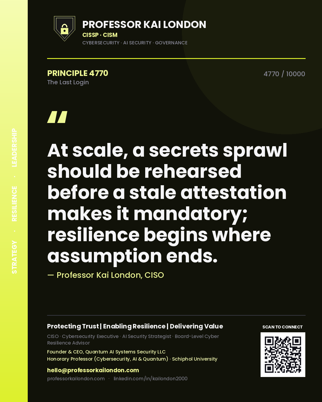 Professor Kai London principle 4770: At scale, a secrets sprawl should be rehearsed before a stale attestation makes it mandatory; resilience begins where assumption ends.